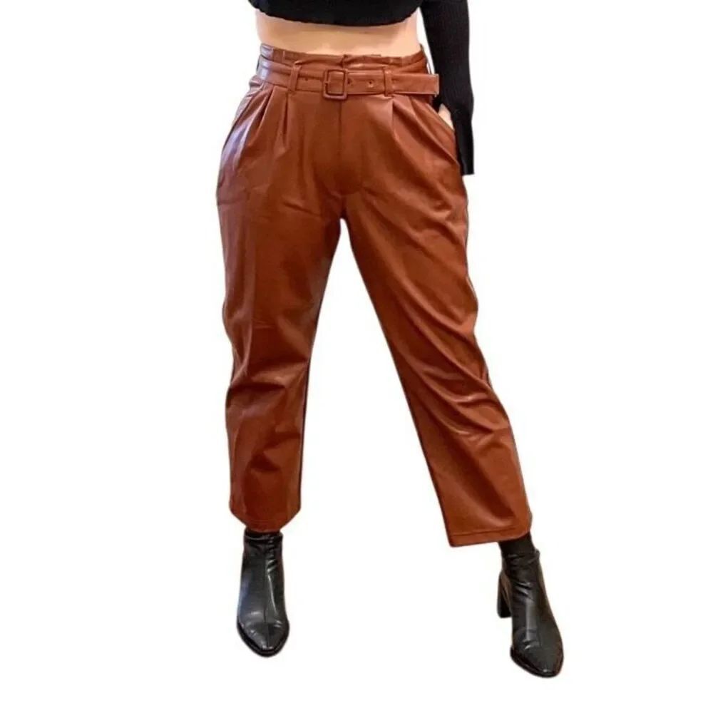 Abercrombie & fitch Brown Faux Leather Ankle Wide Leg Paper Bag Pants XLP#764
